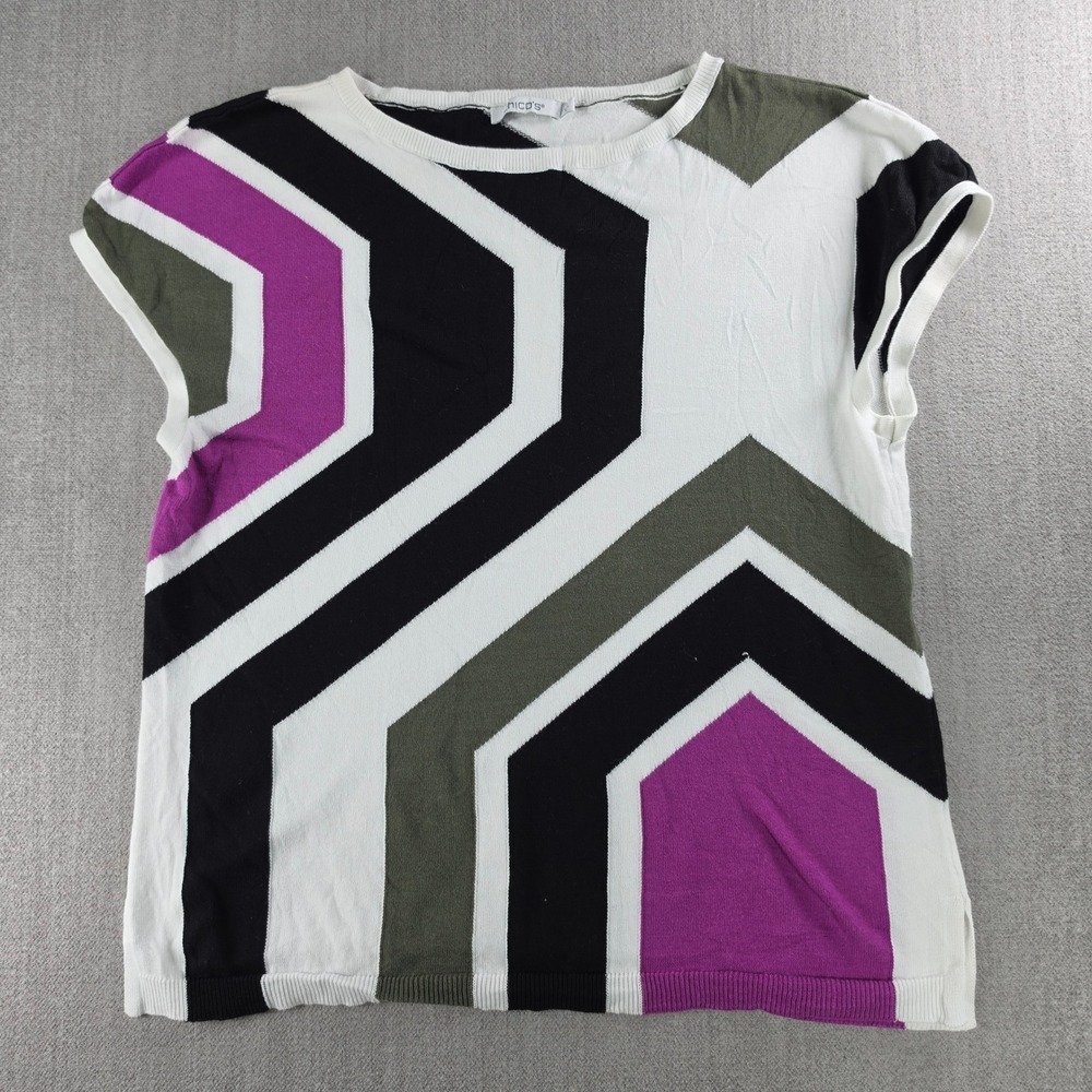 Chico's Knit Top Womens 1 M Multicolor Geometric Chevron Short Sleeve Sweater